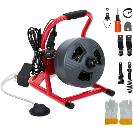 Acekid 50ft x 5/16 Inch Auto-Feed Electric Drain Auger, Professional Drain Cleaner Machine for 3/4 to 3 Inch Pipes, with 6 Cutters, Glove, Stainless St