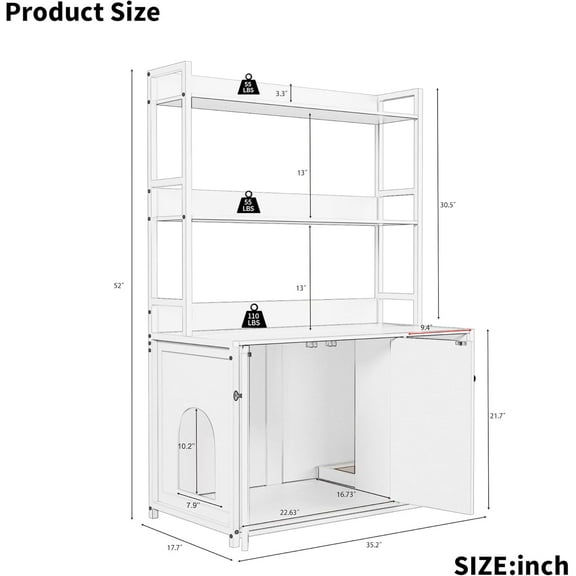 Acekid 52 Inch Cat Litter Box Furniture Hidden Litter Box with Shelves and Doors 3 Layers Storage Shelf Brown