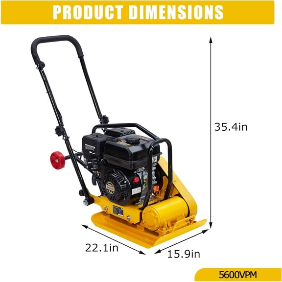 Acekid 6.5HP Plate Compactor - 212CC Gas Powered Jumping Jack Tamper with Wheels, 5600 VPM, Yellow
