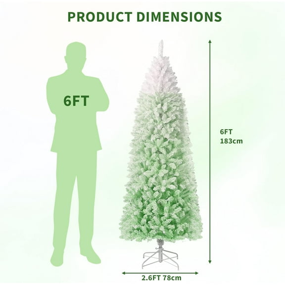 Acekid 6-Foot Christmas Tree with Lights, Snow Flocked Artificial Skinny Pencil Tree Foldable Base, for Home Party Office, White & Green