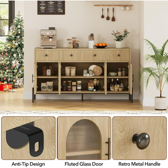 Acekid 62" Large Sideboard Buffet Cabinet with Storage and 3 Drawers, Buffet Table Coffee Bar Storage Cabinet with 4 Glass Doors for Dining Room, Living Room, Kitchen