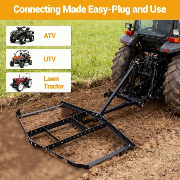 Acekid 66Inch Wide Drag Harrow Driveway Grader, Tow Behind Power Rake with Adjustable Bars & Pin Hitch, Black