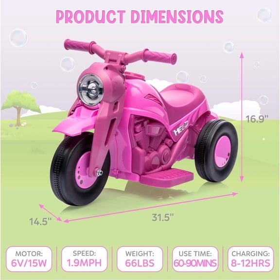 Acekid 6V Electric Bubble Car Motorcycle Automatic Bubble Function Foot Pedal Headlight Music 3 Wheels Vehicle for 3 and Up Pink
