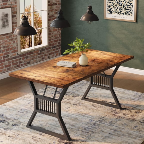 Acekid 70.8 Inch Dining Table 4-6 Person, Kitchen Table with Heavy Duty Metal Legs, Farmhouse Dining Room Table for Kitchen, Living Room