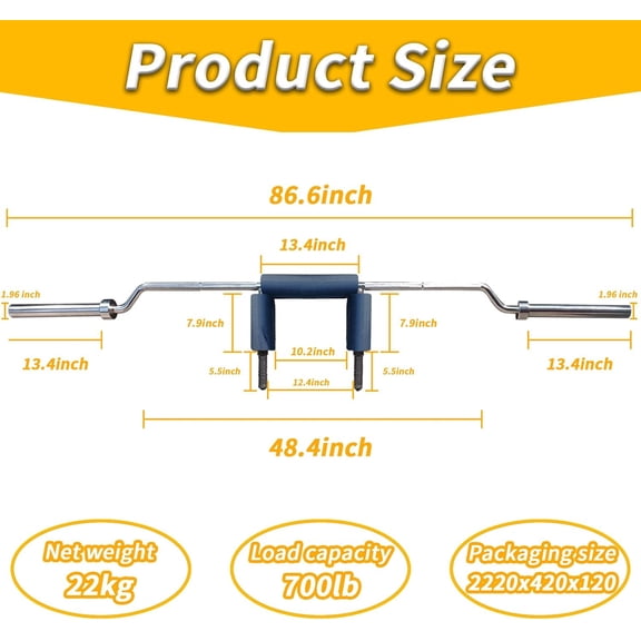 Acekid 700 Lb Safety Squat Bar with Shoulder Neck Pad 2 Locking Collars Fits 2-Inch Plates Silver