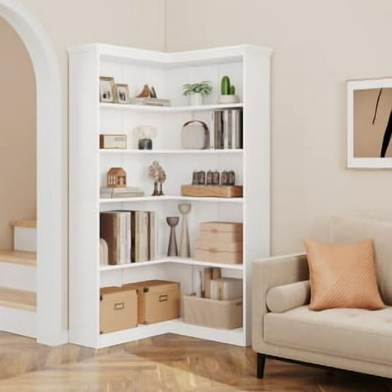 Acekid 72.8In Corner Book Shelf Farmhouse Bookcase with Doors Modern Storage Rack 5 Shelf Tall Standing Bookshelves
