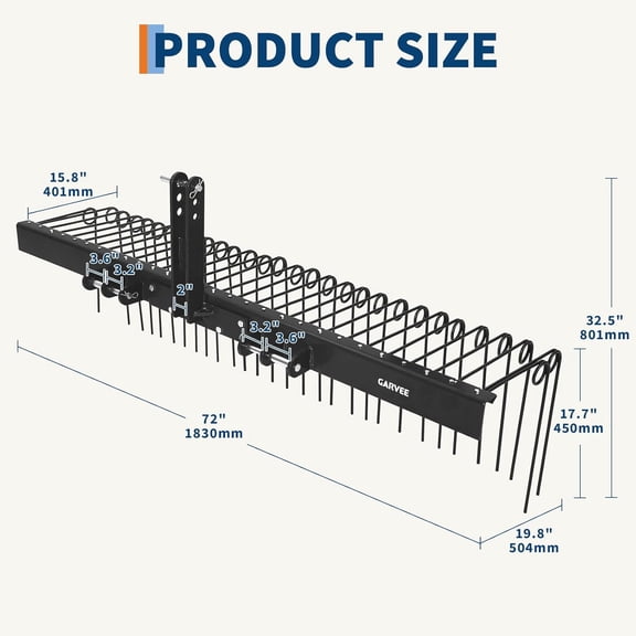 Acekid 72 Inch Tow Behind Landscape Rake - 3 Point Quick Hitch Dethatcher with 30 Steel Tines, Black