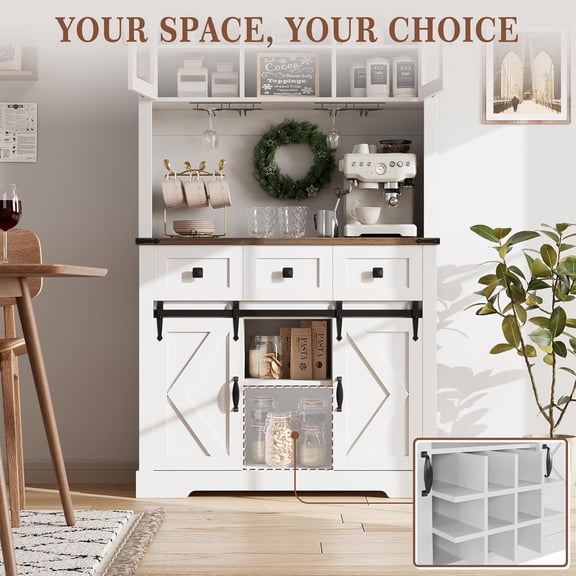 Acekid 72" Kitchen Pantry Storage Cabinet with Hutch, Sliding Barn Door, Farmhouse Pantry Cabinet with Drawers, Large Coffee Bar, Wine & Glasses Rack