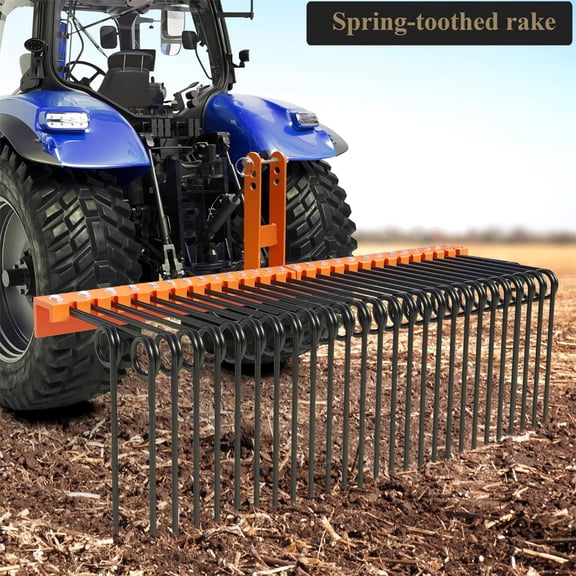 Acekid 72Inch Pine Straw Rake, Tractor Landscape Rake with 30 Spring Tines Tow Behind Soil & Gravel Leveler, Orange/Black