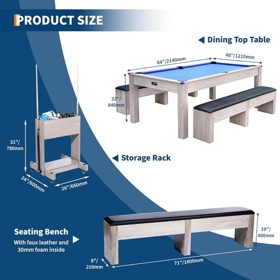 Acekid 7FT 3-in-1 Pool Table with Dining Top Table Tennis Complete Set with Cues Balls Ping Pong Paddles Net Rolling Storage Caddy Blue