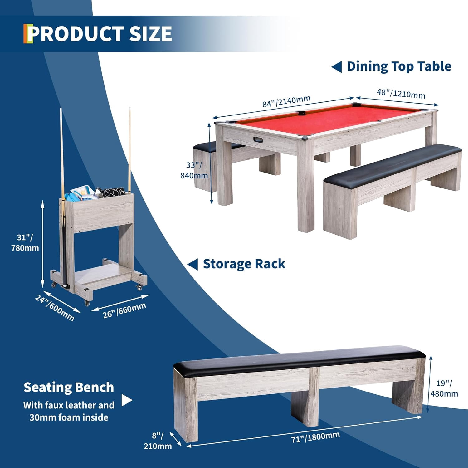 Pool Table Training Set Acekid 7FT 3-in-1 Pool Table with Dining Top Table Tennis Complete Set ...