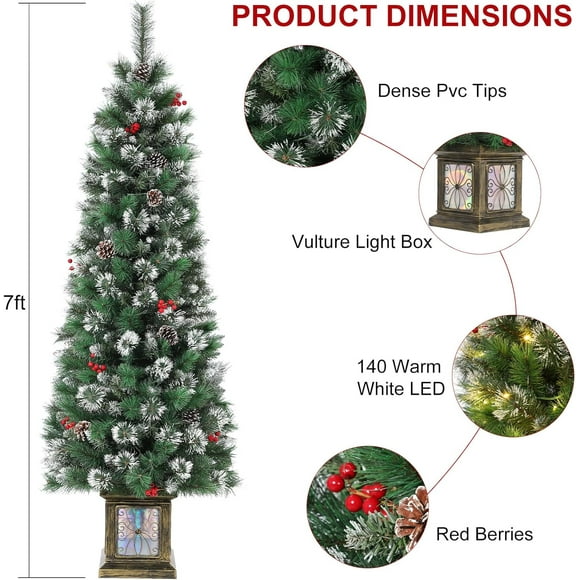 Acekid 7FT Potted Christmas Tree with 140 Warm Led Lights Artificial Christmas Tree Outdoor Decor Light Box Pencil Tree Sticky Chalk Tree Body