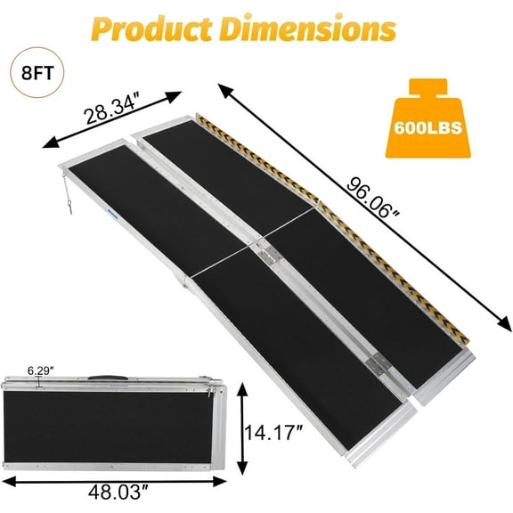 Acekid 8FT Portable Wheelchair Ramp Non-Slip Aluminum Folding Handicap Ramp Door Threshold with Non-Skid Surface Reflective Strips