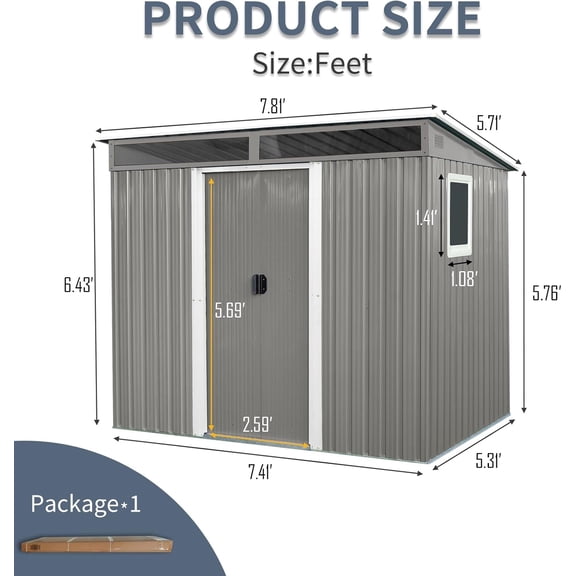 Acekid 8FTx6FT Metal Garden Storage Shed Utility Tool Storage Shed with Transparent Panel Windows and Lockable Sliding Doors Gray