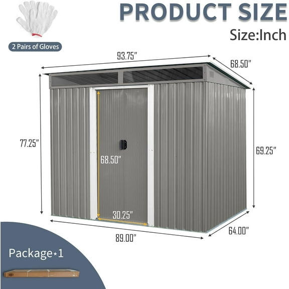 Acekid 8x6FT Outdoor Metal Storage Shed with Lockable Sliding Doors Sloping Roof Metal Foundation Frame Weather-Resistant Tools Shed Gray
