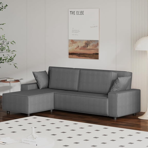 Acekid 96 Inches Large Stripe Corduroy Sectional Sofa, L Shaped Modern Corduroy Couch with Chaise, Comfy Sofa Couch with Deep Chaise for Living Room