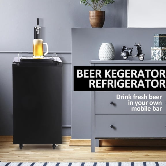 Acekid 97L Beer Kegerator, Single Tap Draft Beer Dispenser, Full Size Keg Beer Cooler with Shelves, Drip Tray & 4 Casters, 32°F-50°F Temperature Control, StainlessSteel