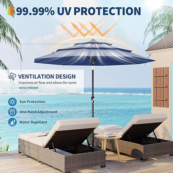 Acekid 9Ft 3 Tier Patio Umbrella, Heavy Duty Outdoor Market Table Umbrella 8 Ribs with Ventilation & Hand Crank, Blue