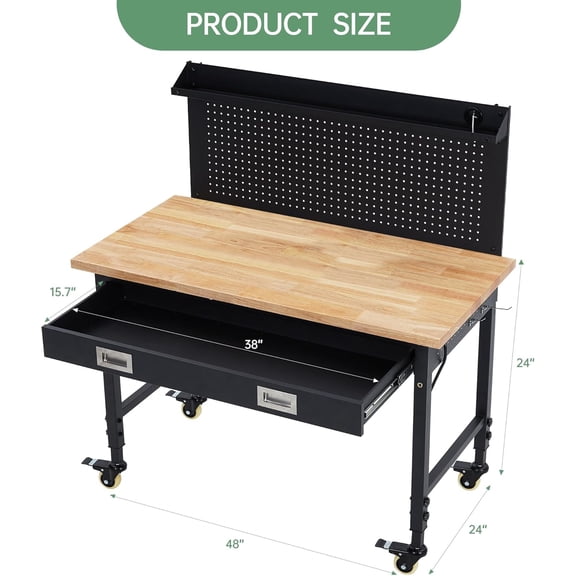 Acekid Adjustable Workbench 2000 LBS Heavy Duty Workbench With Drawer And Backplate Capacity Work Table With Power Outlet And Lockable Wheels Suitable For Office Workshop British Standard 48inch