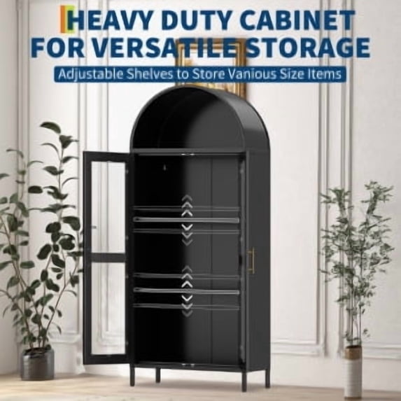 Acekid Arched Display Cabinet - 73 Inch Tall Freestanding Metal Bookshelf with Glass Door & 2 Adjustable Shelves, Modern Farmhouse Black