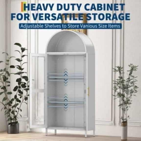 Acekid Arched Display Cabinet - 73 Inch Tall Freestanding Metal Bookshelf with Glass Door & 2 Adjustable Shelves, Modern Farmhouse White