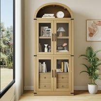 Acekid Arched Pantry Cabinet with Doors 71.4in Tall Wood Bookcase with 2 Drawers Farmhouse Kitchen Cupboard Modern Display Storage Cabinet for Kitchen, Dining Room
