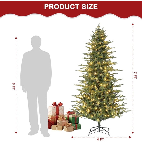 Acekid Artificial Christmas Tree Premium Hinged Design With Warm White And Colorful Light 8 Adjustable Lighting Modes Skinny Christmas Tree Easy To Assemble Metal Base Elegant Decorations 7ft
