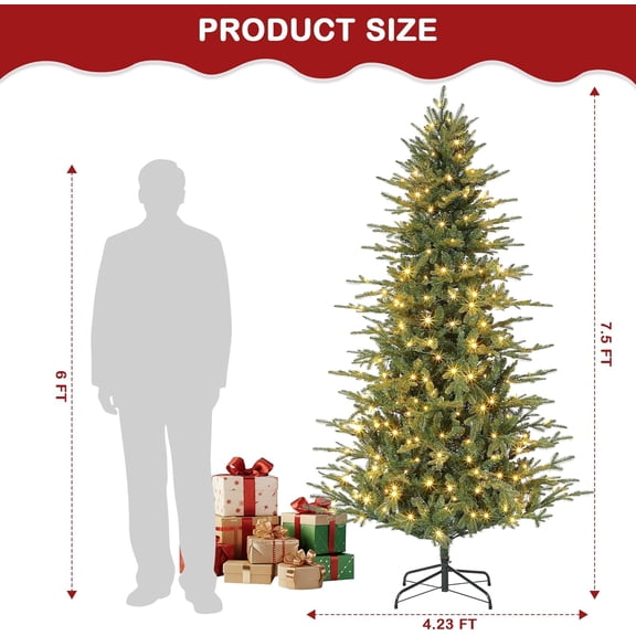 Acekid Artificial Christmas Tree Premium Hinged Design With Warm White And Colorful Light 8 Adjustable Lighting Modes Skinny Christmas Tree Easy To Assemble Metal Base Elegant Decorations 7.5ft