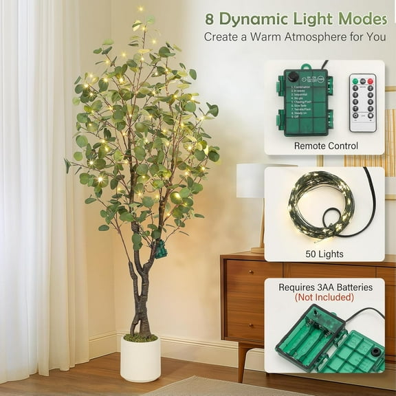 Acekid Artificial Eucalyptus Tree Indoor, 5ft Tall Fake Artificial Plant with White Planter，Large Faux Floor Plant Fake Silk Trees with 50 Lights Artificial Trees for Home Decor