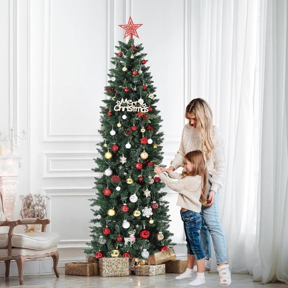 Acekid Artificial Pencil Christmas Tree 7.5 FT Color Changing LED Lights 477 Branch Tips Slim Artificial Xmas Tre