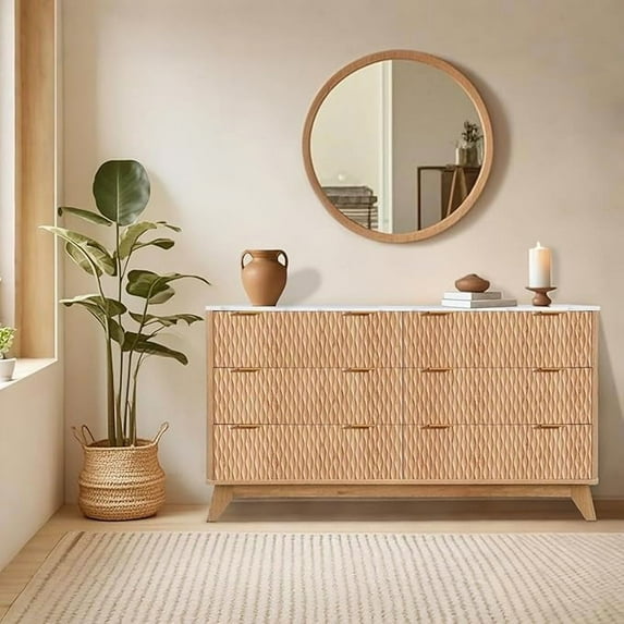 Acekid Bedroom Chest of Dresser, 54" Drip Pattern, Six-Drawer Chest with Faux Marble Top, Wide Wooden Dresser Organizer