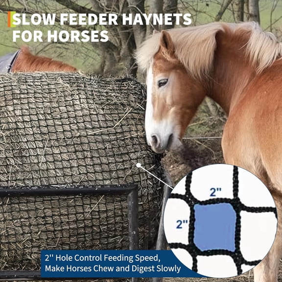 Acekid Black 6x6 Ft Large Round Bale Hay Net, Heavy Gauge Knotless Slow Feed Hay Net with 2" Holes for Livestock, Cattle, Sheep