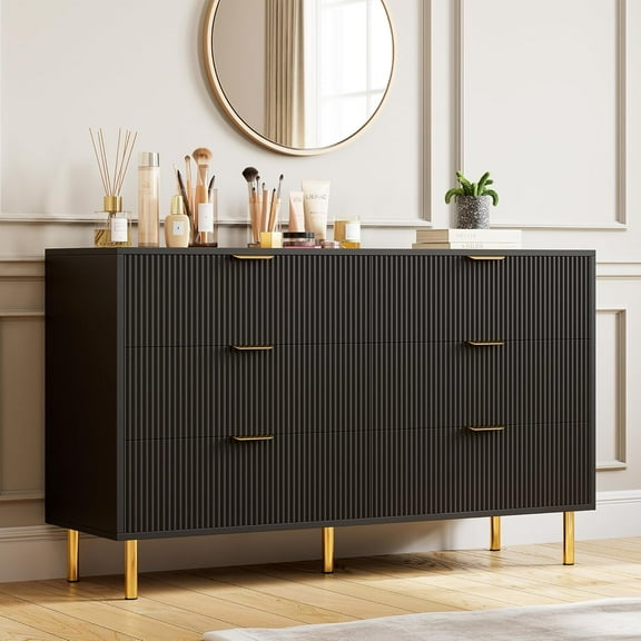 Acekid Black Dresser, Modern 6 Drawer Dresser for Bedroom with Gold Handle and Large Drawer, Wood Double Chest of Drawers and Storage Organizer for Living Room
