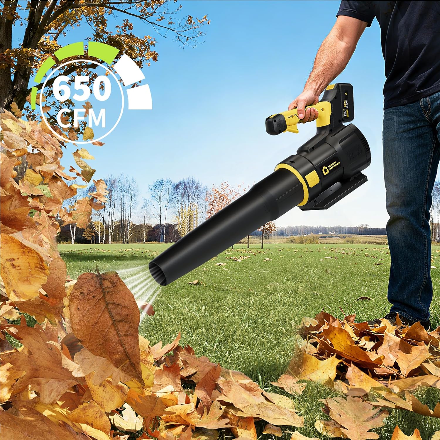 Acekid Black/Yellow 20V Cordless Leaf Blower, High-Power Brushless Motor, Lightweight Battery Powered Electric Blower for Lawn