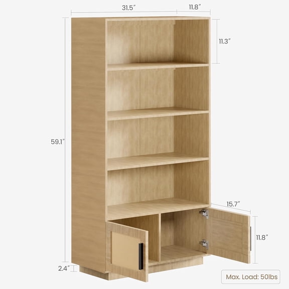 Acekid Boho Bookcase with Rattan Doors, 5 Tier Bookshelf, Wooden Bookcase and Bookshelf with Storage, Tall Book Stand, Large Bookshelf for Living Room, Bedroom