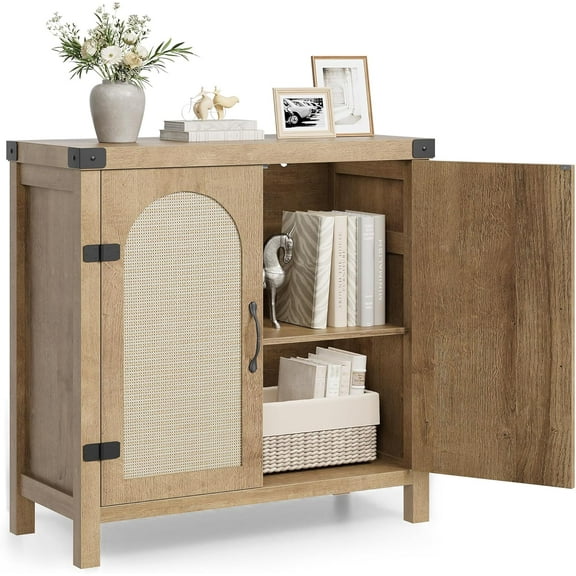 Acekid Boho Wooden Coffee Bar Cabinet,Rattan Sideboard Buffet Cabinets with Storage,Farmhouse Kitchen Accent Storage Cabinet for Dining Room,Living Room,Natural