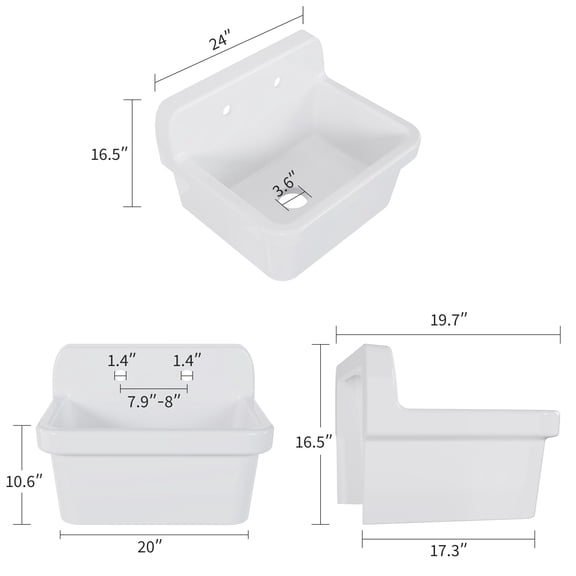 Acekid Ceramic Utility Sink 24 x 20 Inch with High Backsplash, Wall Mount for Laundry Room, White