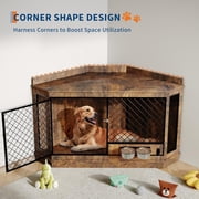 Acekid Corner Dog Crate Furniture 51.3 Inch 360  Rotary Feeder Wooden Dog Kennel End Table TV Stand Metal Mesh S