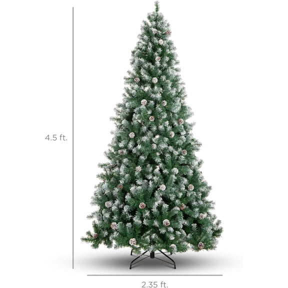 Acekid Decorated Christmas Tree Partially Flocked Design Pine Cones Metal Hinges Base Flocked Christmas Tree For Home Office Party Decoration 5ft