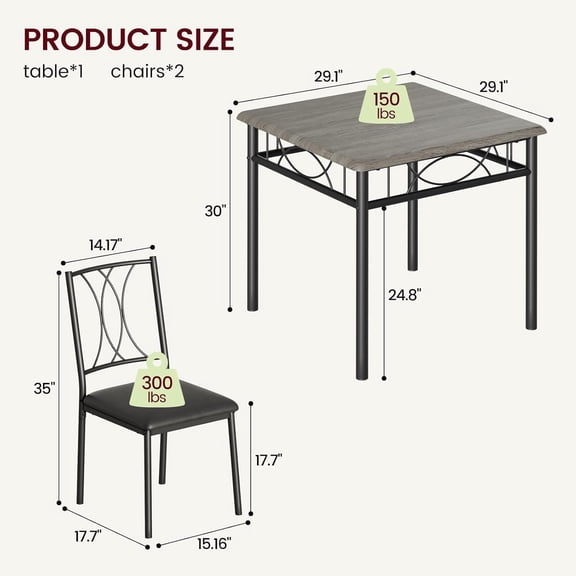 Acekid Dining Table Set for 2 Rectangle Dining Table and Chairs Set of 2 3-Piece Farmhouse Kitchen Table Set Grey