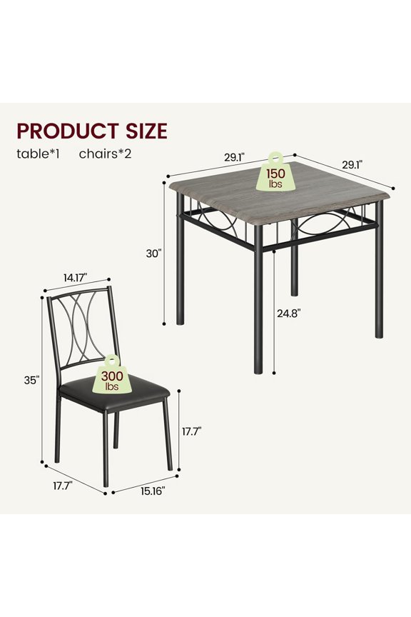 Dining Table Set for 2 Rectangle Dining Table and Chairs Set of 2 3-Piece Farmhouse Kitchen Table Set Grey