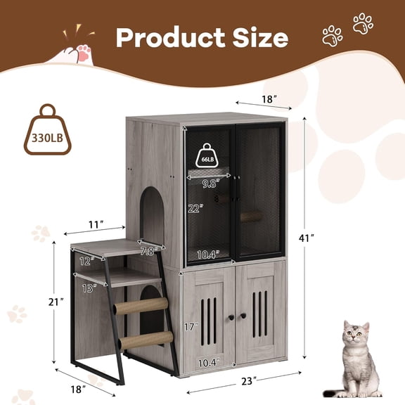 Acekid Double Cat House Cat Litter Box Enclosure For 2 Cats And Doors With Storage Space Hidden Storage And Ladder Grey