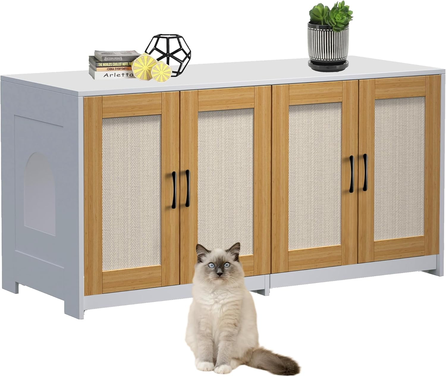 Acekid Double Room Cat Litter Box Enclosure - 47.2inch Wooden Hidden Litter Box Furniture for 2 Cats, White, with Sisal Doors & Sliding Drawers