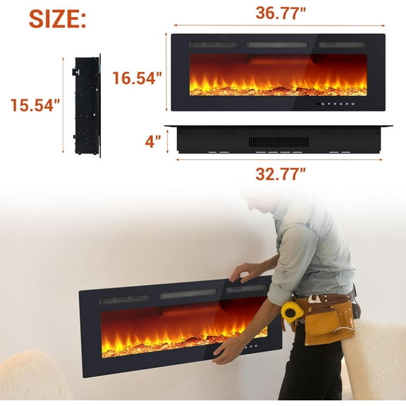 Acekid Electric Fireplace With Remote Control Wall Recessed And Wall Mounted With 12 Adjustable Flame Color Fireplace Heater With Remote Control Low Noise With Timer 120V/1500W Black 40 Inch