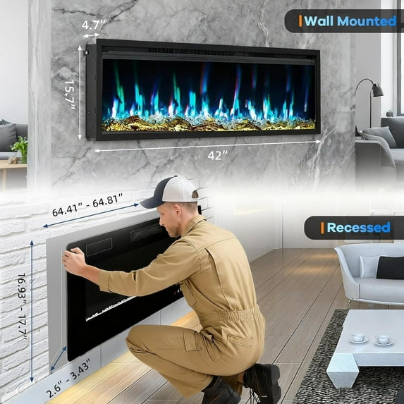 Acekid Electric Fireplace Wall Mounted Adjustable Flame 12 Color Speed 750/1500W Heater Remote Control Touch Screen Black 50Inch