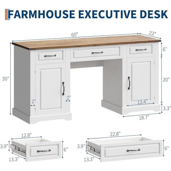 Acekid Executive Desk With Drawers Farmhouse Home Office Desk With Storage Cabinets Rustic Computer Writing Desks Wood Workstation Computer Desks For Home Antique White 60inch