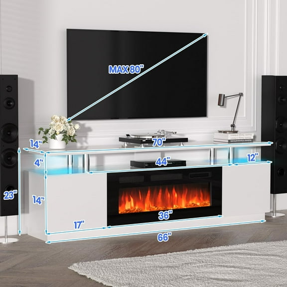 Acekid Fireplace TV Stand With 36Inch Electric Fireplace 12 Flame Colors Adjustable Temperature Remote Timer High Gloss 2 Tier Entertainment Center 120V 750W/1500W White 70 Inch