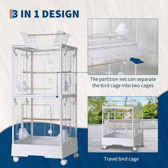 Acekid Flight Bird Cage 40Inch with Rolling Stand & Wheels, for Parakeets, White