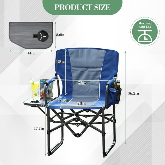 Acekid Foldable Oversized Camping Chair Easy-Storage Heavy Duty Portable Folding Chair With Side Table Pocket For Beach Fishing Trip Concert Outdoor Navy Blue