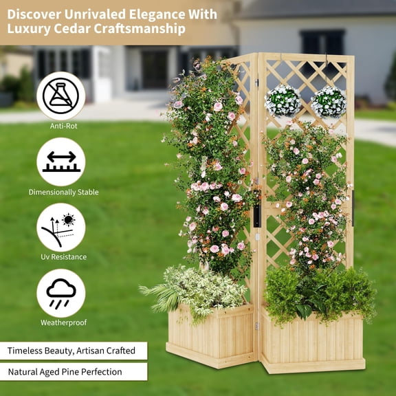 Acekid Freestanding Privacy Screen with Planter Box, 3-Panel Hinged Garden Fence with Drain Holes